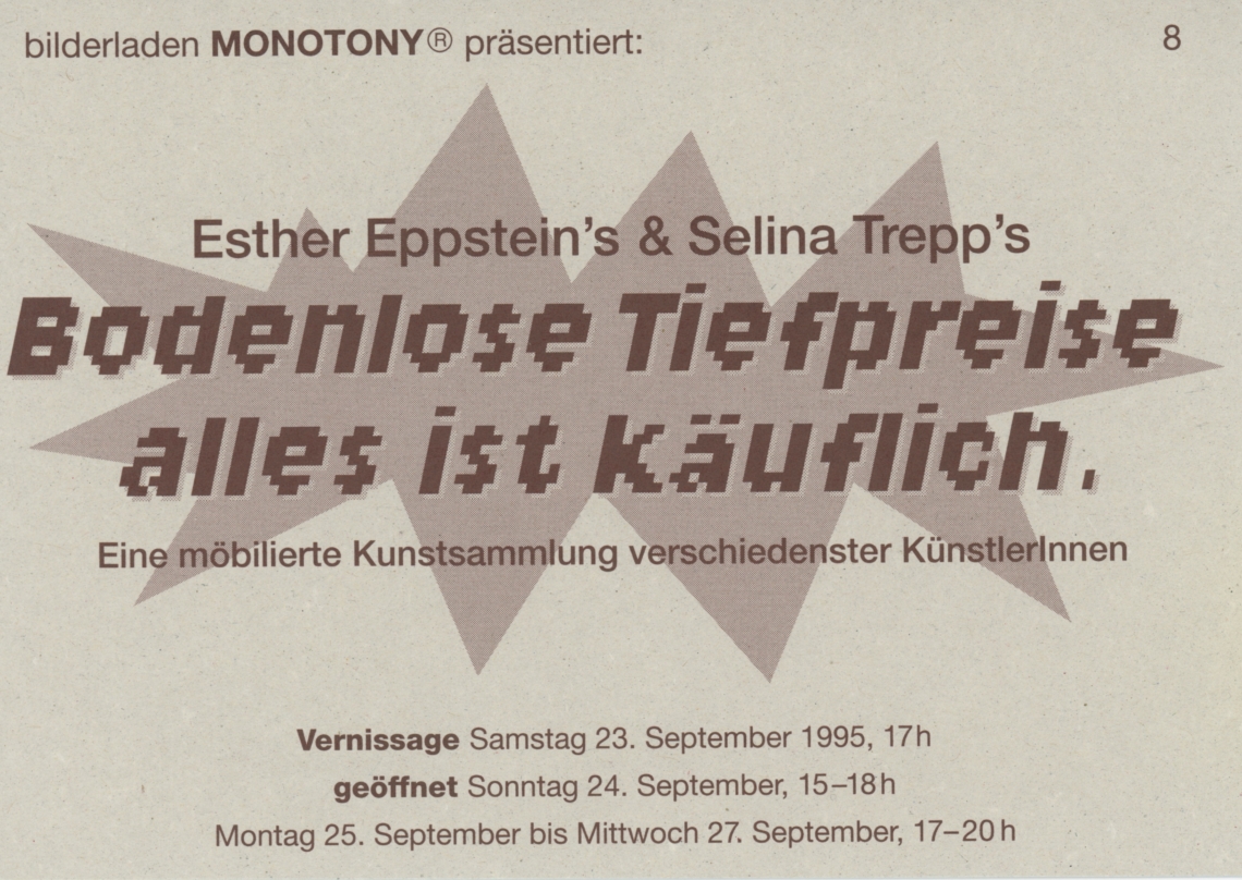 Bodenlose Tiefpreise – alles ist käuflich, Bilderladen Monotony, Flyer 1995