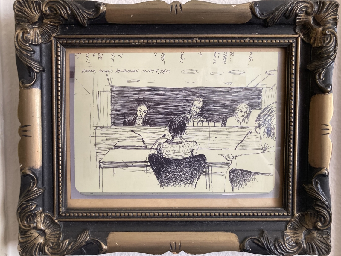 Petr Motycka "Esther accused at Zurich Court 25.6.09", Gerichtsskizze, Lasekopie, 2009