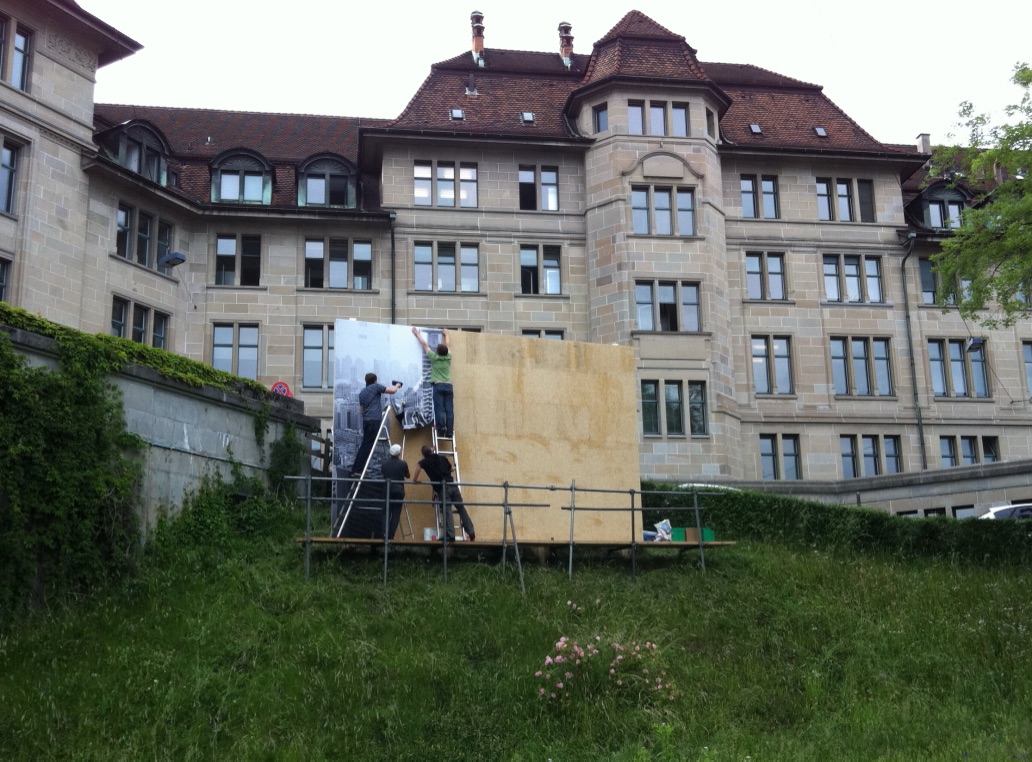 Christa Ziegler, Cities (Shanghai, China), the first poster is mounted. Photo installation on the Uraniawiese, Zurich