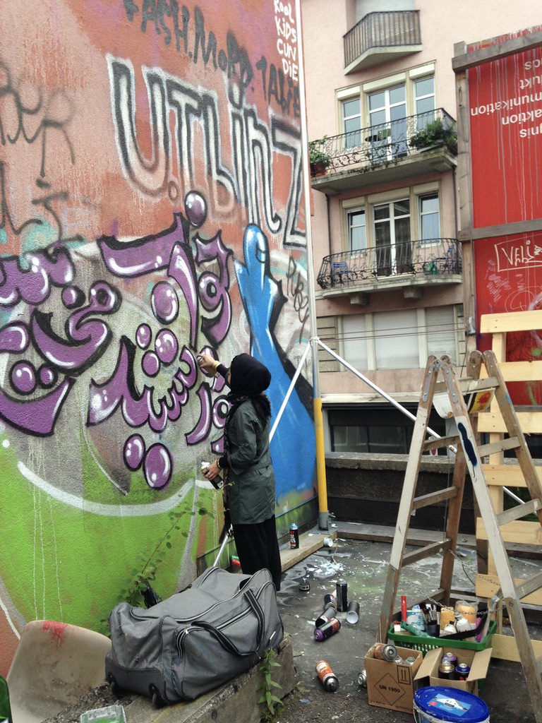 Shamsia Hassani on the terrace of Perla-Mode, Langstrasse 