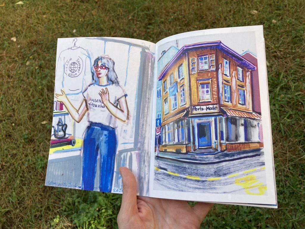 "Esther erklärt Ausstellung", 2020, "Perla-Mode Langstrasse", Studie, 2023. Doppelseite aus dem Zine "Esther" von Maria Pomiansky, 2026