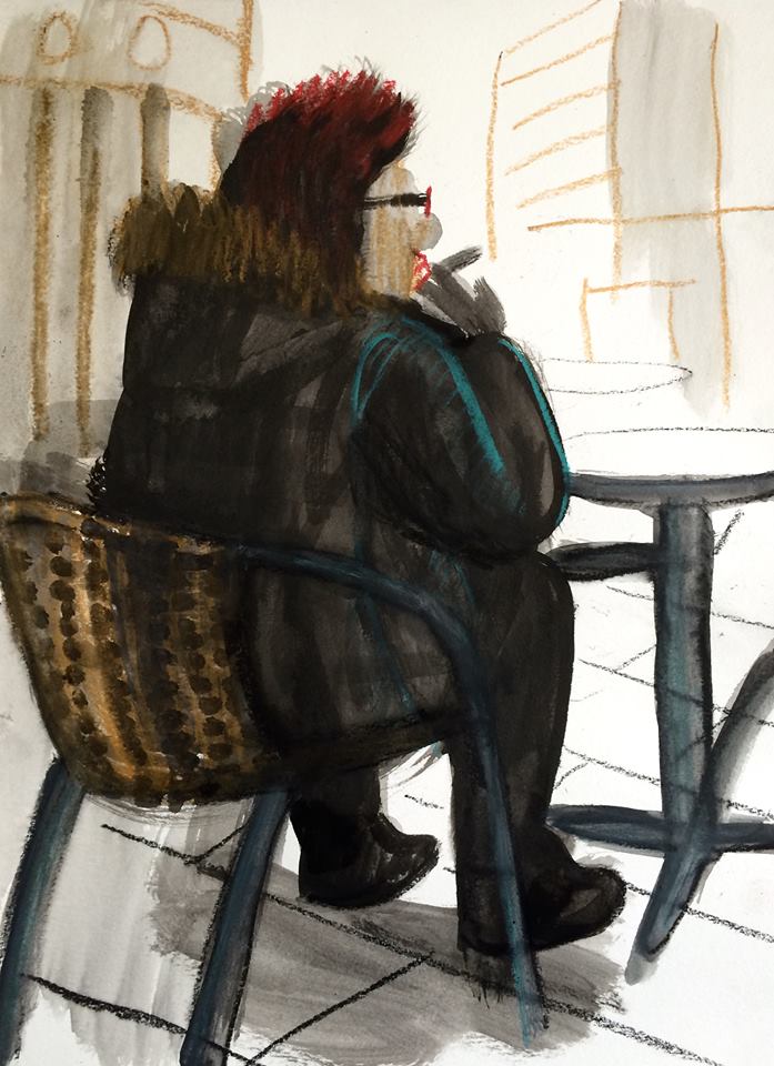  Anna Lukashevsky, "At Nitza Cafe", ink and pencils on paper, 18/25, 2015
