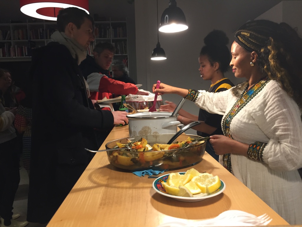 Freweini Habte serves Eritrean food, message salon embassy at "Treffpunkt" of the co-operative mehr als wohnen, Zurich 