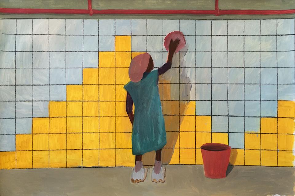 Anna Lukashevsky "Cleaning woman at Carmelit Station",  oil on paper, 70/100, 2015