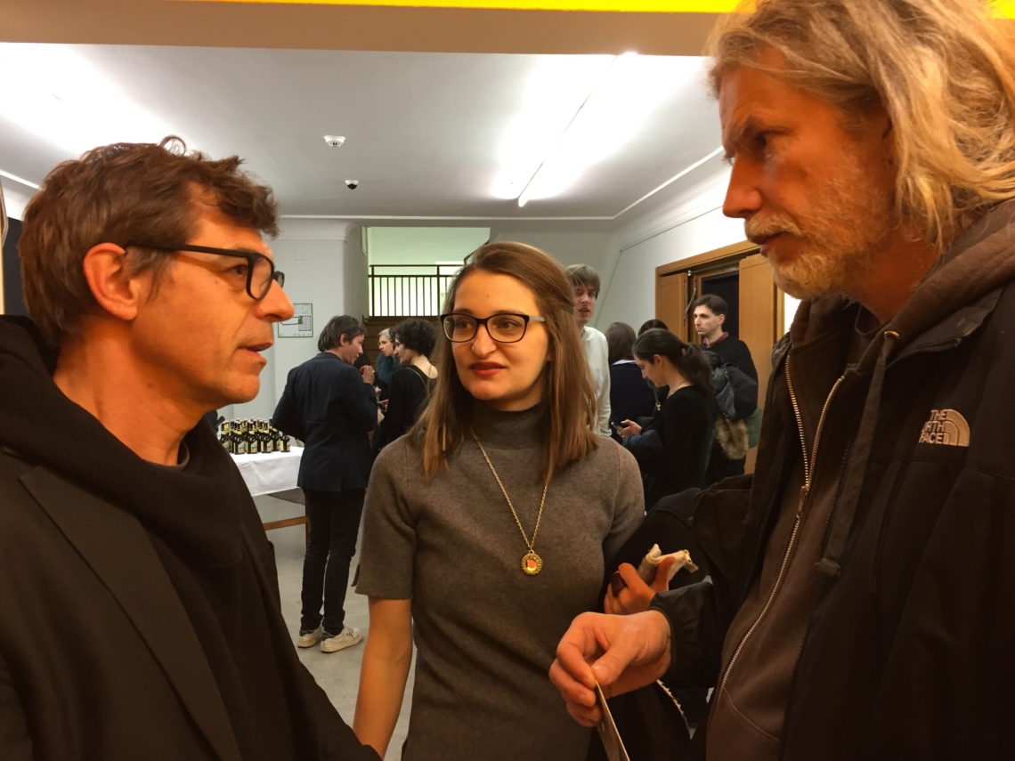 At Helmhaus, opening of the show "Refaire le monde" at Helmhaus Daniela in conversation with drummer Simon Berz and Video-ex curator Patrick Huber