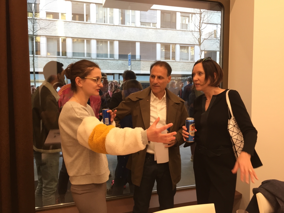 Daniela Palimariu in discussions, with Sabine Schaschl, director of Haus Konstruktiv Zürich and Ben Weinberger at Karma International Zürich