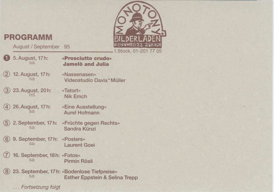 Postkarte, Programm August/ September 1995, Monotony Zürich 