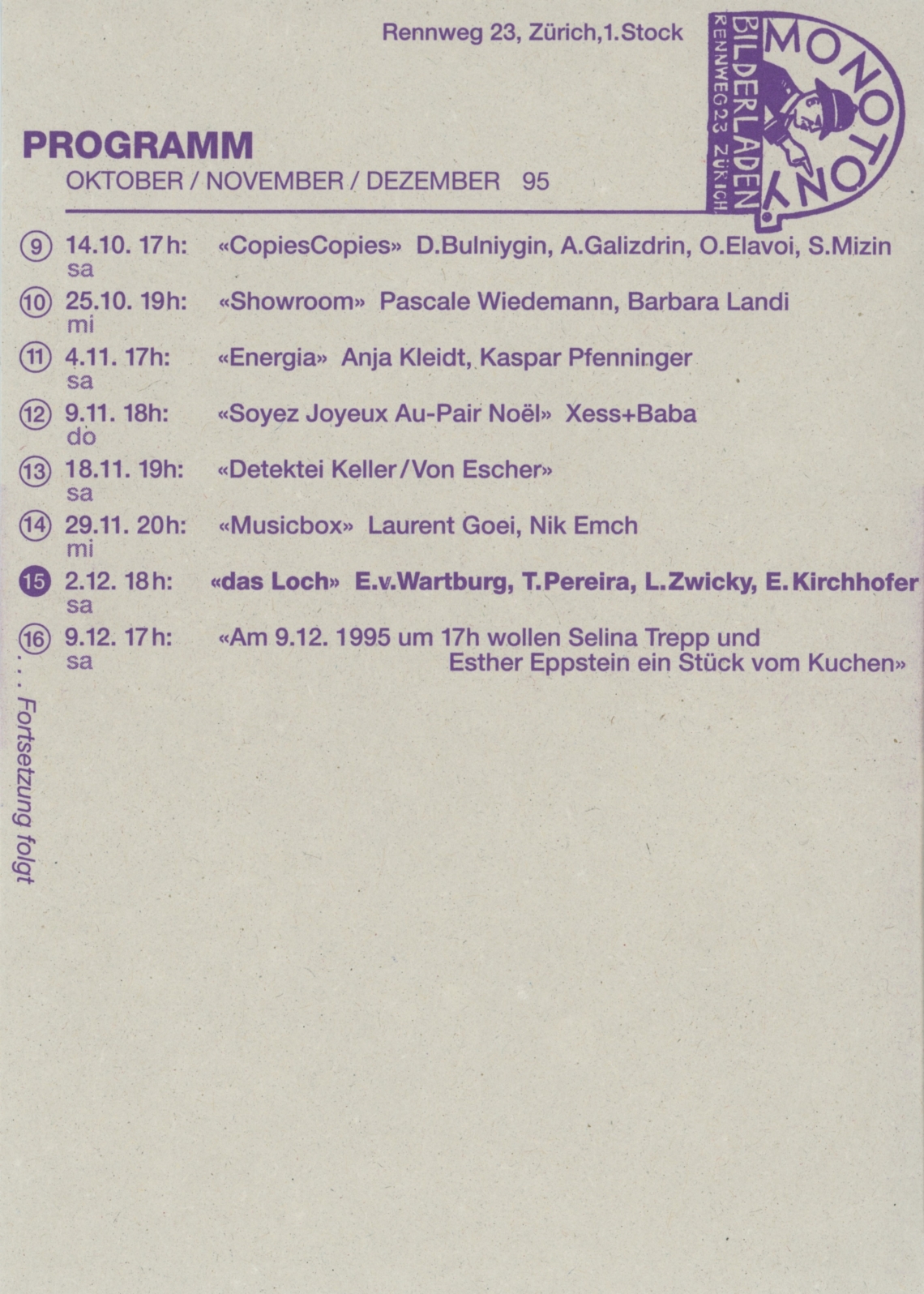 Postkarte, Programm Oktober bis Dezember 1995, Monotony Zürich  