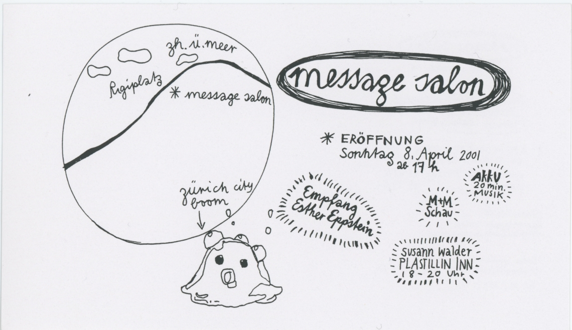 Flyer von Esther Eppstein, Eröffnung message salon, Rigiplatz, Zürich