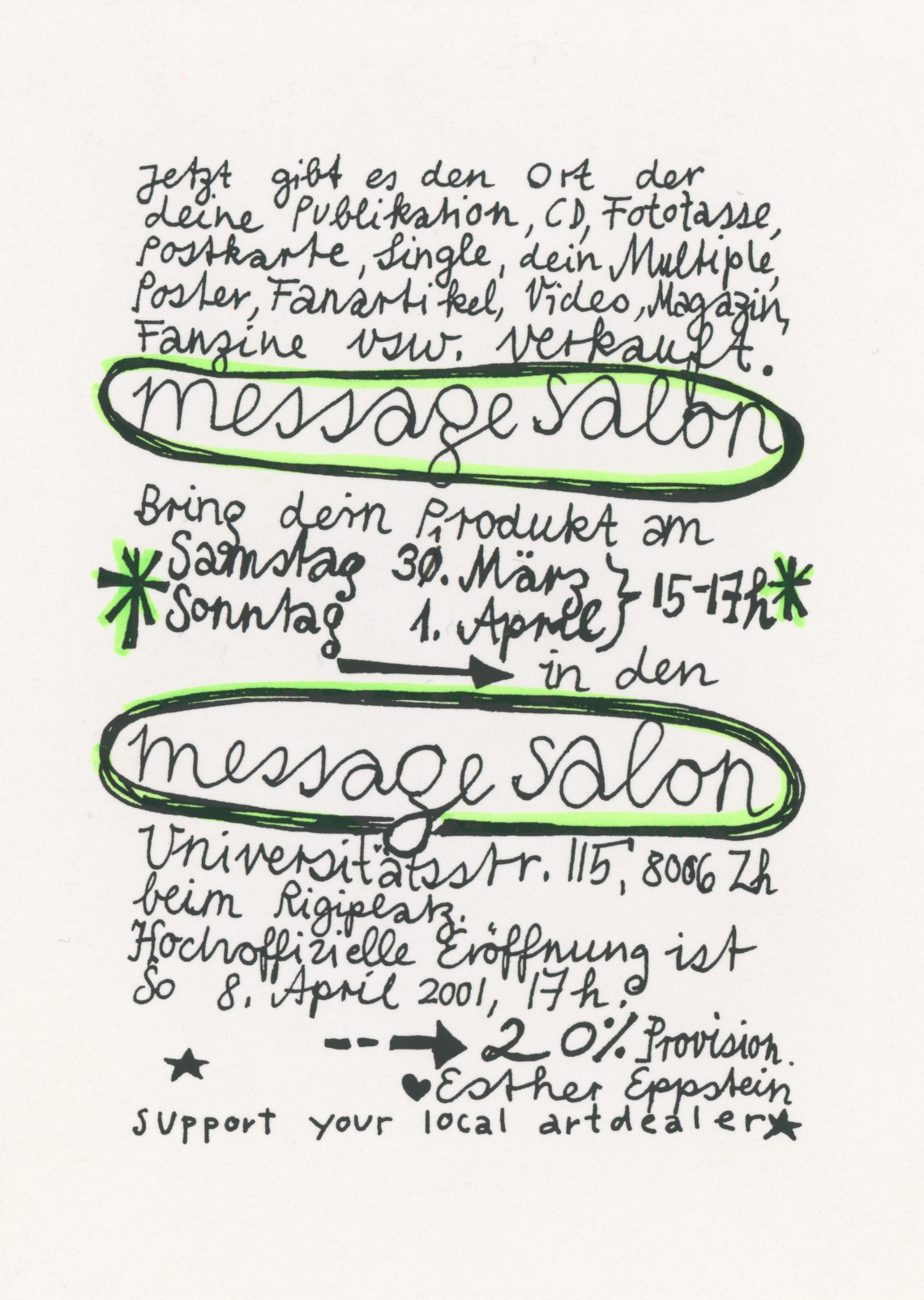 Aufruf an die Zürcher Künstlerinnen und Künstler, Flyer Esther Eppstein, message salon Rigiplatz, Zürich