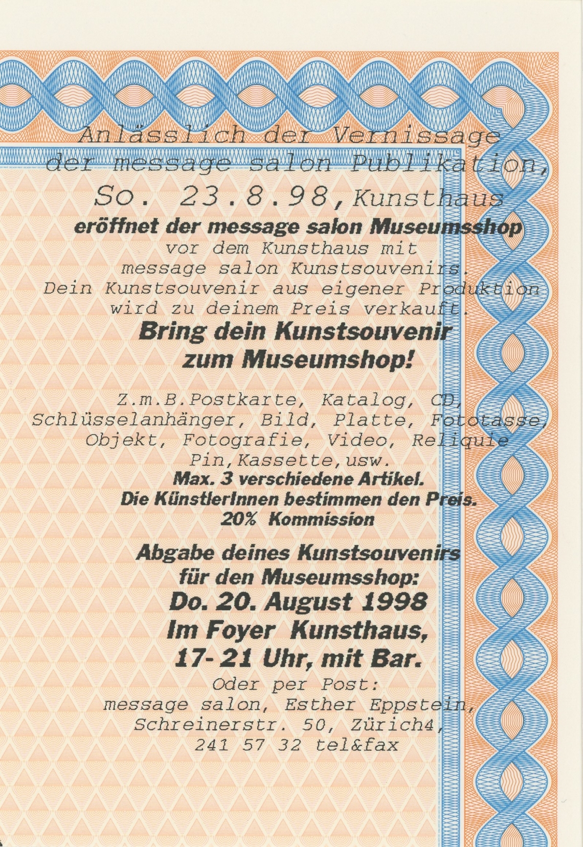 Esther Eppstein, "Bring dein Kunstsouvenir zum Museumshop", Flyer 1998
