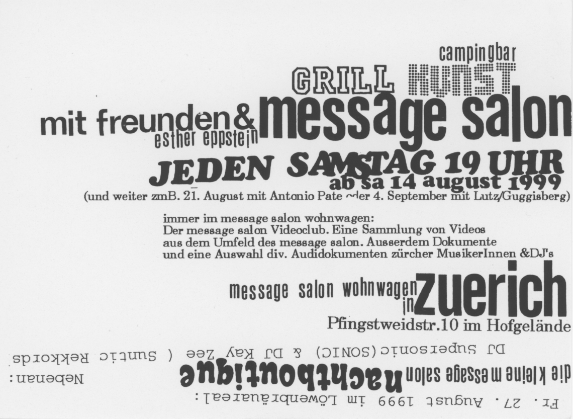 Esther Eppstein, Flyer message salon Campingplatz, Pfingstweidstrasse, Zürich
