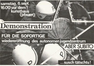 Flyer, 1980
Foto: Olivia Heussler
Gestaltung: Roli Fischbacher
