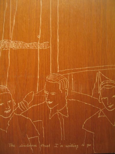 Jean-Claude Freymond-Guth, "The distance that I'm willing to go", gravierte Holzplatte, 2003