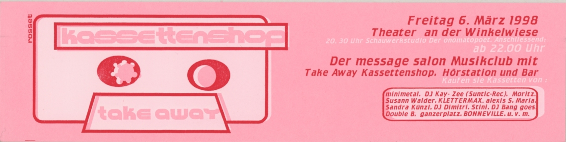 message salon Take Away Kassettenshop, Flyer von Saskja Rosset